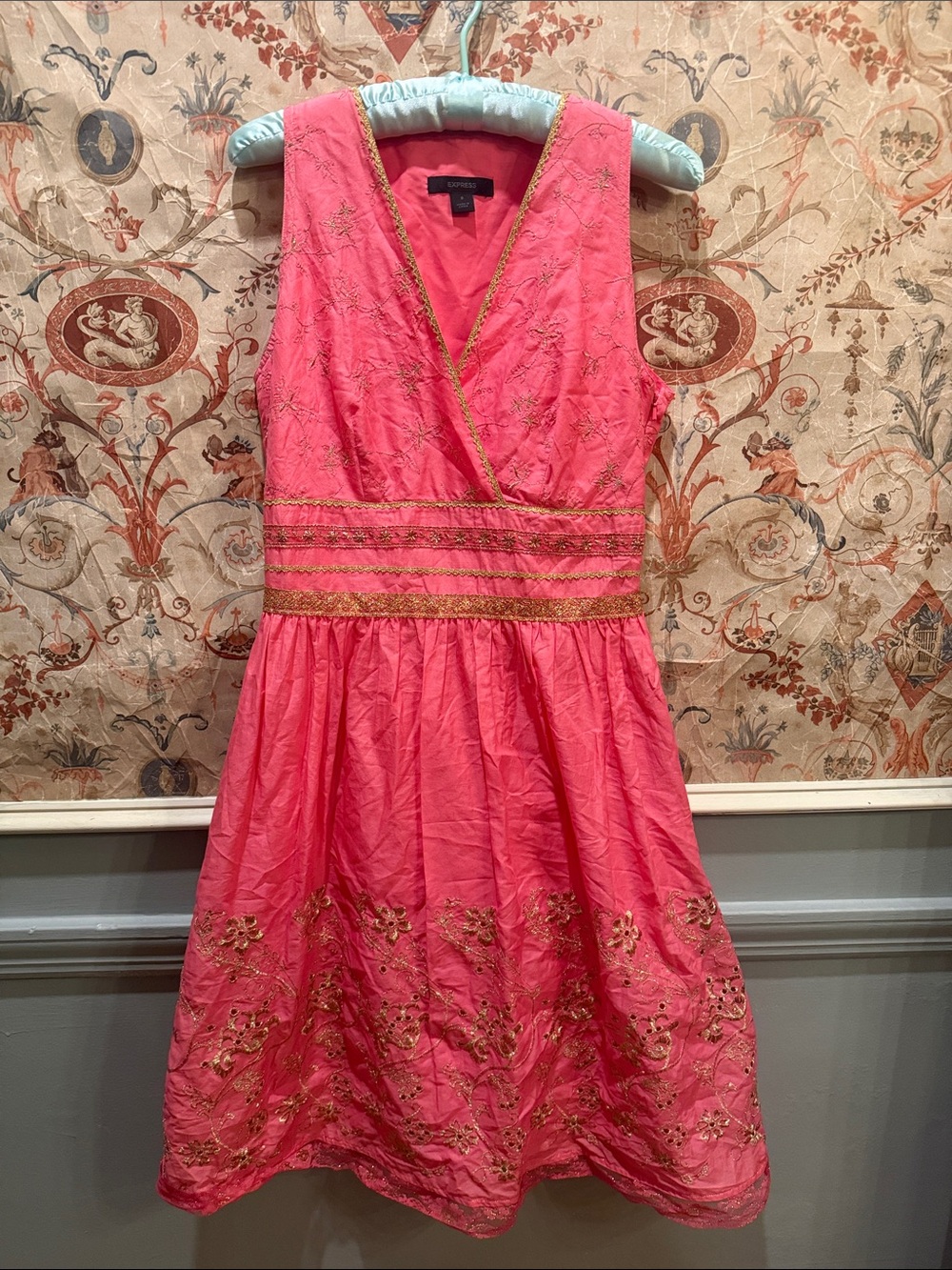 Express Coral Pink Dress with Gold Trim and Embroidery